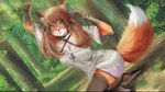 anthro black_hands bottomwear brown_hair clothing female forest forest_background green_eyes hair multicolored_body nature nature_background orange_body plant raised_tail sitting_on_ground skirt solo tree wear wolfine canid canine fox mammal