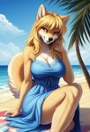 anthro beach big_breasts blonde_hair breasts canid canine canis cleavage clothed clothing coy_smile domestic_dog dress eminence female hair mammal seaside shelly shiba_inu sitting smile solo spitz