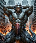 anthro bodily_fluids city city_background cloudy day destroyed_building destroyed_city explosion fin fire front_view genital_fluids genitals green_body green_scales hands_behind_head looking_at_viewer male penis pink_penis precum ridged_penis scales scaly_body scaly_tail smug_face solo vein veiny_muscles yellow_eyes jackson_maxston_(director) godzilla hi_res
