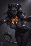 anthro black_body black_hair bow_ribbon bracelet breasts ear_piercing ear_ring eyeshadow female fur grainy hair jewelry looking_at_viewer makeup nipples nude orange_eyes outstretched_arms piercing ring_piercing simple_background smile solo tail tuft gren_art felid mammal pantherine absurd_res hi_res watermark