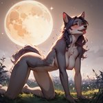 all_fours anthro blush blushing_at_viewer dark_body dark_fur female field fur moon night solo tongue tongue_out budenhoso canid canine canis mammal wolf