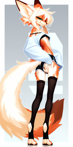 anthro big_ears big_tail bottomwear bottomwear_aside breasts brown_body brown_fur clothed clothing clothing_aside digitigrade fangs female fluffy fluffy_tail fur genitals green_eyes hair innie_pussy legwear looking_at_viewer narrowed_eyes pussy shorts skinny slim small_breasts smile solo spreading standing white_body white_fur white_hair seli-32 canid canine canis coyote hybrid mammal absurd_res hi_res