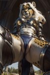 anthro armor attempted_signature black_spots blonde_hair blue_eyes camel_toe cheetah clothed clothing colored countershading felid feline female fur furtasticv20_(model) genitals hair hi_res imminent_facesitting legwear looking_at_viewer low-angle_view mammal panties pussy pussy_floss rodinsinker solo spots spotted_body spotted_fur spread_legs spreading thigh_highs underwear white_body white_countershading yellow_body yellow_fur