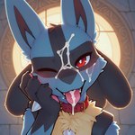 blush bodily_fluids cum cum_on_tongue feral genital_fluids male one_eye_closed red_eyes tongue tongue_out generation_4_pokemon lucario pokemon_(species)