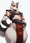 anthro belt clothing collar fingerless_gloves fur girly gloves hand_on_hip handwear male markings narrowed_eyes pelvic_curtain small_waist solo thick_thighs view_from_below white_body white_fur wide_hips wolf_ears wolf_tail overcraft_69 kratos canid canine canis mammal wolf hi_res