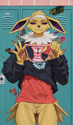 5_fingers accessory annoyed anthro anthrofied black_nose bodily_fluids bottomless bottomless_female bottomwear bra bra_peek breasts brown_pawpads claws clitoris clothed clothing collarbone cute_fangs ears_down feet_out_of_frame female fingers flat_chested fur genital_fluids genitals headband holding_clothing holding_object holding_panties holding_underwear inner_ear_fluff locker locker_room looking_down narrowed_eyes neck_tuft panties pattern_bottomwear pattern_clothing pattern_panties pattern_underwear pawpads paws pink_clothing pink_underwear pivoted_ears pokemorph print_clothing pubes purple_bra purple_clothing purple_eyes purple_underwear pussy pussy_juice pussy_juice_stain shirt skinny_female solo standing sticker striped_bottomwear striped_clothing striped_panties striped_underwear stripes sweatband sweater tank_top text tile tile_wall topwear tuft underwear vaginal_fluids wall_(structure) white_body white_fur yellow_body yellow_fur soloko nintendo pokemon eeveelution generation_1_pokemon jolteon pokemon_(species) absurd_res digital_media_(artwork) english_text hi_res