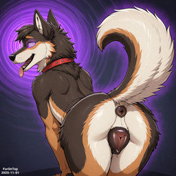 all_fours animal_genitalia animal_pussy anthro anus bodily_fluids butt canine_genitalia canine_pussy collar collar_only dripping female fur genital_fluids genitals hypnosis hypnotic_eyes looking_at_viewer looking_back looking_back_at_viewer mind_control multicolored_body multicolored_fur nude open_mouth presenting presenting_hindquarters presenting_pussy pussy pussy_juice raised_tail rear_view simple_background smile solo tongue tongue_out furontap canid canine mammal 1:1 2025 colored