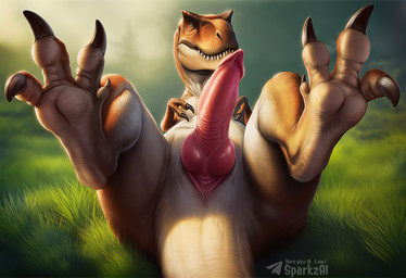 animal_genitalia animal_penis biped claws cloaca cloacal_penis detailed_background erection feet feral foot_focus genital_slit genitals grass knot looking_at_viewer lying male nude on_back outside paws penis pink_penis plant presenting presenting_penis scales sharp_teeth slit soles solo spread_legs spreading tail teeth telegram telegram_logo text toe_claws toes sergalbutt dinosaur reptile scalie theropod tyrannosaurid tyrannosaurus tyrannosaurus_rex director_name signature url