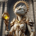 ambiguous_gender anthro armor clothed clothing crystal female gem gold_(metal) gold_clothing gold_jewelry halo jewelry royalty scales solo staff temple white_body white_scales yellow_eyes omgechounknown lizard reptile scalie