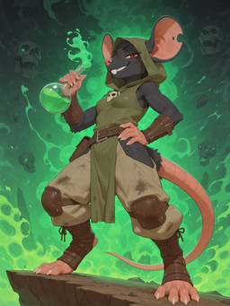 anthro belt_buckle bept big_ears black_body black_fur bone buckteeth claws clothing fantasy female fur green_clothing hand_on_hip holding_object leather leather_clothing pink_nose potion potion_bottle rat_tail red_eyes rock skull solo teeth burioth mammal murid murine rat rodent skaven absurd_res hi_res