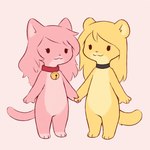 anthro black_choker black_jewelry black_necklace blonde_hair chibi choker collar duo female fur hair hand_holding happy jewelry neck_bell necklace pink_body pink_fur pink_hair red_collar simple_background simple_eyes smile yellow_body yellow_fur verbotenvertex cathy_(character) mila_minx domestic_cat felid feline felis mammal mink mustelid musteline true_musteline hi_res