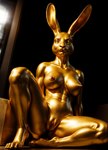 4_toes anthro breasts feet female genitals gold_body gold_skin gold_statue hi_res lagomorph leporid long_ears looking_at_viewer mammal nipples paws pussy rabbit sculpture sitting solo spread_legs spreading stablexai statue toes