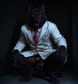 anatomically_correct anatomically_correct_genitalia anatomically_correct_penis animal_genitalia animal_penis anthro badge balls black_body black_fur bottomless canine_genitalia canine_penis claws clothed clothing coat crouching dark_background digitigrade front_view fur genitals inside lab_coat looking_at_viewer male necktie partially_clothed paws penis penis_tip photorealism realistic realistic_fur sheath simple_background smile smiling_at_viewer solo teeth tongue topwear yellow_eyes delken canid canine mammal werecanid werecanine werecreature werewolf hi_res