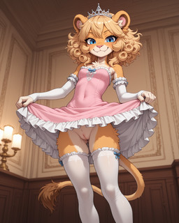 anthro armwear blonde_hair blue_eyes breasts chest_tuft claws clothed clothing clothing_lift crown curled_hair dress dress_lift fangs female frilly frilly_clothing fur genitals hair jewelry legwear looking_at_viewer medium_hair orange_body orange_fur pink_claws pink_nose presenting presenting_pussy princess pussy royalty silver_(metal) slim small_breasts solo tail tail_tuft teeth thigh_gap tiara tuft sagrael felid lion mammal pantherine absurd_res hi_res