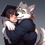 anthro bandanna bodily_fluids canid canine canis crying domestic_dog duo eyes_closed fur ghostrecon9i graduation_gown graduation_hat grey_body grey_fur happy human husky kerchief male mammal nordic_sled_dog spitz tears white_body