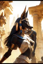 anthro armwear black_body black_fur clothing desert egypt egyptian egyptian_clothing egyptian_mythology female fur jewelry outside pony_diffusion_(model) solo translucent translucent_clothing cattorihanzo anubis anubian_jackal canid canine canis deity jackal mammal animated hi_res webm