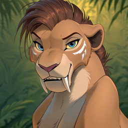 black_lips blue_eyes female lips long_fangs looking_at_viewer mane mohawk pink_nose sharp_teeth teeth amani_the_shaman felid feline lion mammal pantherine sabertoothed_lion icon