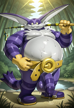 anthro balls belly belt big_balls big_belly big_penis bodily_fluids clothing fishing_rod flaccid footwear foreskin forest fur genital_fluids genitals glistening glistening_genitalia gloves handwear huge_balls humanoid_genitalia humanoid_penis lakeside leaking_precum light light_beam long_foreskin looking_at_viewer male markings outside overweight overweight_anthro overweight_male pecs penis plant pond precum purple_body purple_fur saggy_balls sandals smile solo standing striped_genitalia striped_penis stripes sunbeam sunlight tail thick_penis tree unretracted_foreskin water wet wet_body white_body boxen549 sega sonic_the_hedgehog_(series) big_the_cat domestic_cat felid feline felis mammal hi_res