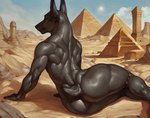 anthro bent_legs black_body black_fur building butt day desert egyptian egyptian_mythology fur light looking_away lying male middle_eastern_mythology mythology nails nude on_side orange_eyes outside pyramid short_tail solo sun sunlight temple gauss anubis anubian_jackal canid canine canis deity jackal mammal hi_res