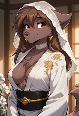 anthro asian_clothing belt blush breasts brown_body brown_eyes brown_fur brown_hair cheek_tuft chest_tuft choker clothed clothing ear_piercing ear_ring east_asian_clothing facial_tuft female flower full_cleavage fur hair japanese_clothing jewelry kimono looking_away medium_breasts necklace open_clothing open_topwear piercing plant prompt ring_piercing smile solo topwear tuft wedding_veil touchmesoftly twokinds natani canid canine canis mammal wolf 2025 half-length_portrait hi_res portrait