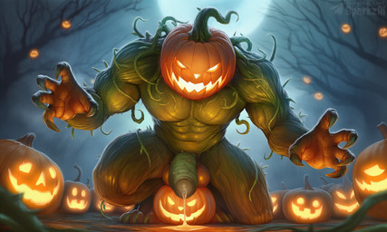 4_toes 5_fingers abs balls biceps big_balls big_penis biped bodily_fluids claws detailed_background dripping erection feet finger_claws fingers food for_a_head foreskin forest fruit full_moon genital_fluids genitals glans glowing glowing_eyes green_body green_penis halloween holidays humanoid_genitalia humanoid_penis jack-o'-lantern looking_at_viewer male male_humanoid moon muscular muscular_humanoid muscular_male night nude outside pecs penis plant precum precum_pool pumpkin pumpkin_head smile solo spiked_penis spikes spikes_(anatomy) telegram telegram_logo text thick_penis thorns toe_claws toes tree vines sergalbutt halloween_2025 elemental_creature elemental_humanoid flora_fauna food_creature humanoid living_fruit monster monstrous_humanoid object_head plant_humanoid 5:3 alternate_version_at_source director_name signature url