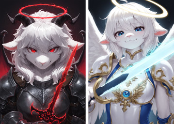 anthro armor blue_eyes claws clothing dagger duo fabric feathered_wings feathers female fur gauntlets gloves glowing_sword hair halo handwear horn looking_at_viewer magic magic_weapon melee_weapon membrane_(anatomy) membranous_wings pupils red_eyes slit_pupils smug sword weapon white_body white_fur wings tollilo angel bovid caprine caprine_demon demon goat goat_demon mammal hi_res