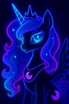 black_body blue_eyes blue_hair cosmic_background crown ethereal_hair female glowing glowing_hair hair highlights_(coloring) horn looking_at_viewer neon purple_highlights solo spread_wings starry_background vaporwave wings princess_luna_from_mlp friendship_is_magic my_little_pony princess_luna_(mlp) equid equine mammal winged_unicorn hi_res