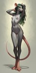 4_toes anthro breasts digitigrade feet female fur green_hair green_sclera grey_body grey_fur hair hands_behind_head long_hair long_tail looking_at_viewer nipples pinup pose rat_tail seductive simple_background slim small_breasts solo standing toes whiskers oldhroft mammal murid murine rat rodent skaven hi_res