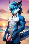 abs absurd_res anthro balls beach blue_body blue_eyes blue_fur blue_hair bottomwear bottomwear_down clothed clothing dragon fur furred_dragon genitals hair hi_res horn jak_(mr_diddlez) looking_at_viewer male mr_diddlez muscular nipples pants pants_down partially_clothed penis pink_nipples seaside smile solo sunset water white_body white_fur