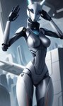 anthro breasts city female front_view futuristic genitals gesture hand_on_head hi_res lurktime_(director) machine pussy raised_arms robot robotic_body science_fiction solo waving