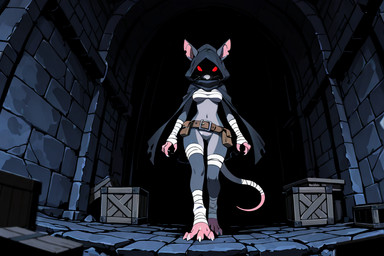 alley anthro bandages belt belt_pouch box chest_wraps claws cloak clothing container dark_background featureless_crotch female female_anthro fur grey_body grey_fur hood hooded_cloak looking_at_viewer no_pupils notched_ear red_eyes solo stone_floor stone_wall tail walking_towards_viewer wall_(structure) wraps mammal murid murine rat rodent skaven