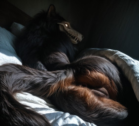 anterior_nasal_aperture anthro anus bed bedding biped black_body black_fur black_hair blanket bone breasts butt detailed_background detailed_fur female fluffy fur furniture genitals glowing glowing_eyes hair innie_pussy inside looking_at_viewer looking_back lying nude on_bed on_side pillow presenting presenting_hindquarters presenting_pussy pussy rear_view skull skull_head solo tail teeth under_covers white_eyes balloon_(director) scp-1471-a canid canine canis malo mammal monster absurd_res detailed digital_media_(artwork) hi_res