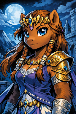 anthro blue_eyes braided_hair breasts brown_body brown_fur brown_hair castle eyelashes female fur hair long_hair moon night outside smile smiling_at_viewer solo nintendo the_legend_of_zelda the_legend_of_zelda_twilight_princess princess_zelda equid equine horse mammal pony hi_res