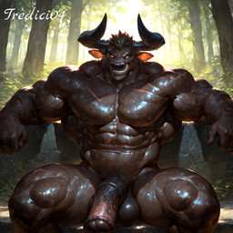 animal_genitalia animal_penis balls bodily_fluids brown_body equine_penis forest genitals male muscolar no_pupils outside penis plant smile smiling_at_viewer solo tree yellow_eyes tredici04 bovid bovine humanoid mammal minotaur hi_res
