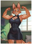 abs anthro big_breasts blush breasts cleavage cleavage_cutout clothed clothing confident dress eras_up female flexing flexing_both_biceps inside looking_at_viewer meesh muscular muscular_female pillow plant pose smile solo standing tight_clothing window anonymous_director diane_foxington canid canine fox mammal hi_res