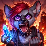 anthro apocalypse bodily_fluids burning collar crystal ear_piercing ear_ring female fur grey_body grey_fur hair piercing purple_eyes red_hair ring_piercing solo spiked_collar spikes tears teeth yelling icefoxai trrith_(character) hyaenid mammal