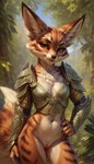anthro armor bottomless canid canine clothed clothing denis0k female forest fox genitals grass hand_on_hip leaf mammal outdoors plant pussy solo tail tree vulpera