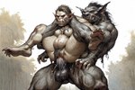 anal anthro balls bodily_fluids butt cum duo female full_nelson_position genital_fluids genitals male male/female penis size_difference hyperion gnoll humanoid hyaenid mammal orc