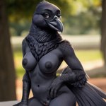 <naira2000> anthro avian beak bird black_body black_nipples breasts corvid corvus_(genus) crow feathers female genitals green_eyes medium_breasts nipples non-mammal_breasts non-mammal_nipples oscine passerine pussy solo