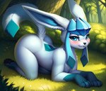 blush butt canid canine eeveelution female feral fur generation_4_pokemon glaceon hi_res looking_at_viewer mammal outside pokemon_(species) raised_tail seductive smile solo traialas