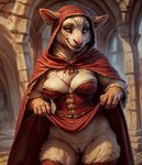 anthro bovid breasts cape caprine cerinil cleavage clothed clothing clothing_lift corset dress dress_lift ear_piercing female fluffy fur genitals goat green_eyes hi_res hooded_cloak lingerie mammal medieval medieval_clothing neck_tuft no_underwear peach_pussy piercing presenting pussy smile solo topwear tuft white_body white_fur