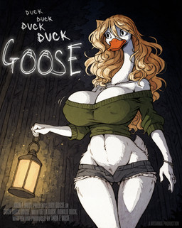 anthro big_breasts blonde_hair bottomwear breasts cleavage clothed clothing cross cross_necklace cutoffs deep_v_neck denim denim_clothing female hair huge_breasts jewelry movie_poster necklace shorts solo sweater topwear wavy_hair arantonak anatid anseriform anserinae avian bird goose hi_res