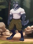 agreenfish anthro biceps big_biceps big_muscles body_size_growth bottomwear canid canine canis cargo_shorts clothing detailed_background digitigrade fur grey_body grey_fur growth hi_res male mammal muscle_growth muscular muscular_male outdoors outside pecs rock sequence shirt shorts size_transformation solo standing surprise t-shirt tight_clothing topwear transformation wolf woods
