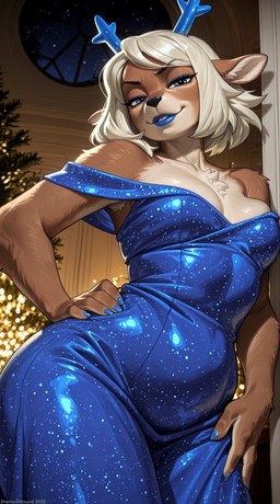 anthro armpit_hair bedroom_eyes blue_clothing blue_dress blue_eyes blue_eyeshadow blue_lips blue_lipstick blue_nails body_hair breast_squish breasts chest_tuft christmas_lights christmas_tree cleavage cleavage_overflow clothed clothing colored_nails curvaceous curvy_figure detailed_background dress eyeshadow female fluffy fluffy_tail fur grin hair hand_on_hip inside lips lipstick looking_at_viewer looking_down_at_viewer makeup nails narrowed_eyes night plant seductive sky slightly_chubby smile solo sparkles squish standing star starry_sky teeth thick_lips thick_thighs tree tuft voluptuous wide_hips window sherlock_hound_(director) deltarune undertale_(series) carol_holiday cervid mammal absurd_res detailed hi_res shaded