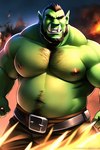 absurd_res belly belt body_hair bottomwear chest_hair clothing fire hi_res humanoid male nipples orc pants pecs pup_tobey solo warrior