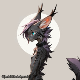 amulet anthro black_nipples blue_eyes breasts collar female fur grey_body grey_fur hair inner_ear_fluff markings nipples nude purple_hair side_view simple_background small_breasts solo tail tuft jenlekiska jen_(jenlekiska) felid feline lynx mammal digital_media_(artwork) hi_res
