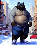 2022 9:11 anthro attempted_signature belly big_belly biped black_nose building city clothing detailed digital_media_(artwork) footwear fur gem_(director) hi_res hoodie lips looking_at_viewer male mammal outside overweight overweight_anthro overweight_male smile snow solo standing topwear ursid yiffye18