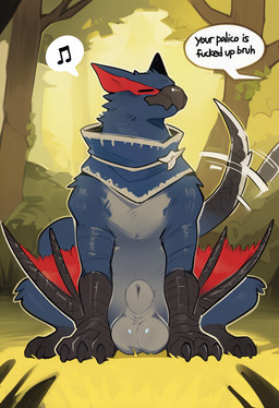 animal_genitalia balls big_balls black_feet black_legs blue_scarf countershading dark_body dark_fur dialogue eyes_closed feet feral forest fully_sheathed fur genitals grey_body grey_countershading grey_fur male musical_note mythology on_grass on_ground plant proud scarf sheath sitting sitting_on_haunches solo tail_motion tailwag text tree winged_arms wings unknown_director capcom monster_hunter dragon flying_wyvern mythological_creature mythological_scalie nargacuga scalie english_text hi_res