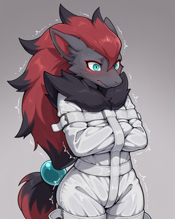 anthro fluffy hair restraints simple_background solo straitjacket alastorgj nintendo pokemon canid canine generation_5_pokemon mammal pokemon_(species) zoroark hi_res