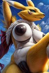 anthro big_breasts black_nipples black_pussy blue_eyes bodily_fluids breasts canid digimon digimon_(species) female fur genitals legoshi_brabo_ai looking_at_viewer mammal nipples pussy pussy_peluda renamon seductive smile solo white_body white_fur